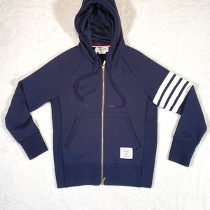 THOM BROWNE NAVY LOOPBACK JERSEY KNIT ENGINEERED 4-BAR ZIP-UP HOODIE